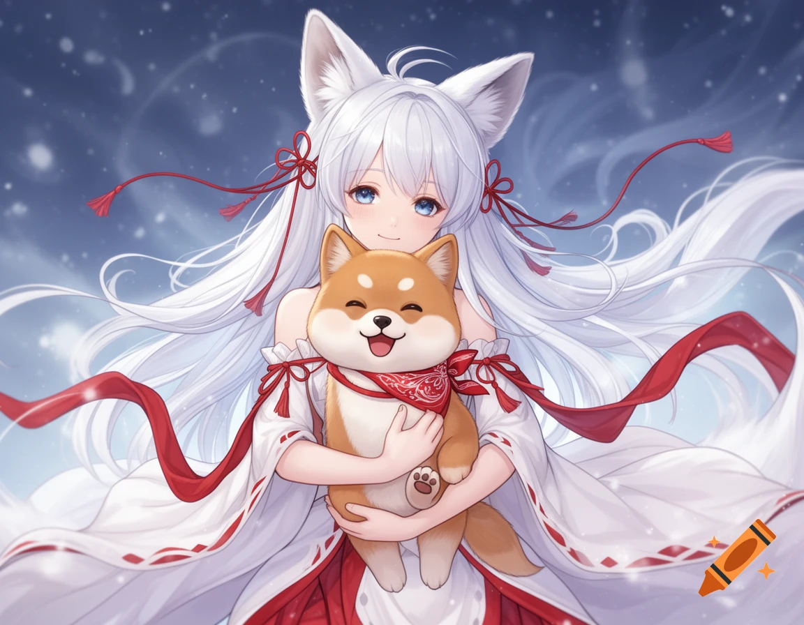Anime illustration of a cute foxgirl with long white hair and ears, cradling a smiling Shiba Inu puppy in a snowy, magical scene.