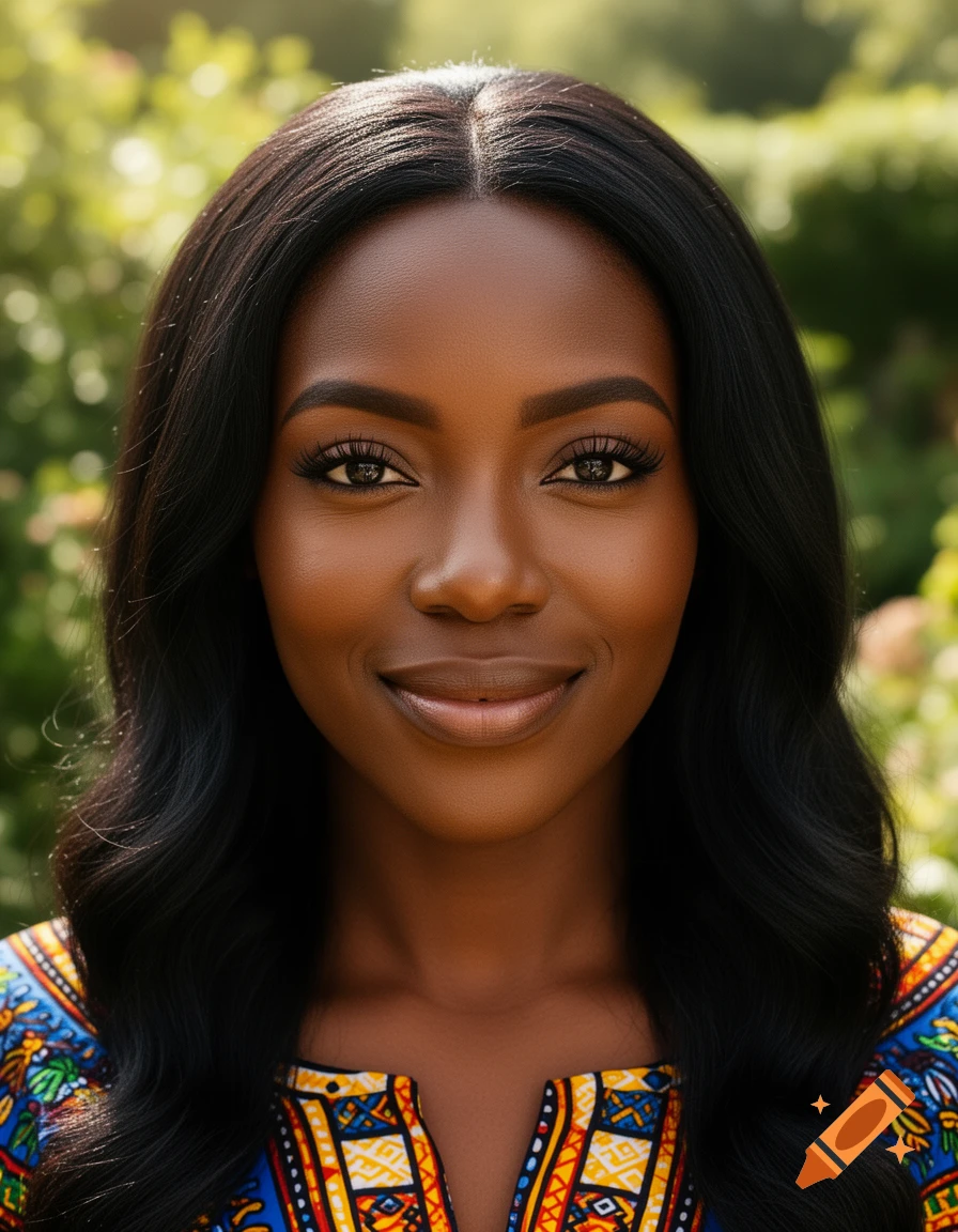 Photorealistic portrait of a smiling African woman with long dark hair, wearing a vibrant blue, red, and yellow patterned dashiki shirt, outdoors.