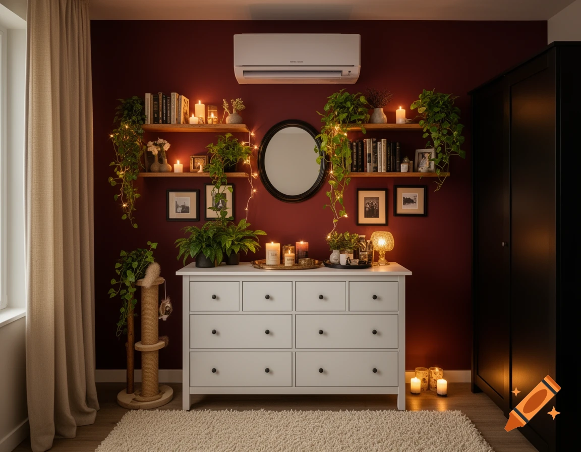 A cozy bedroom with a dark burgundy accent wall, white dresser, black wardrobe, and beige curtains. Shelves hold books, plants, and candles with string lights, illuminated by warm evening light.