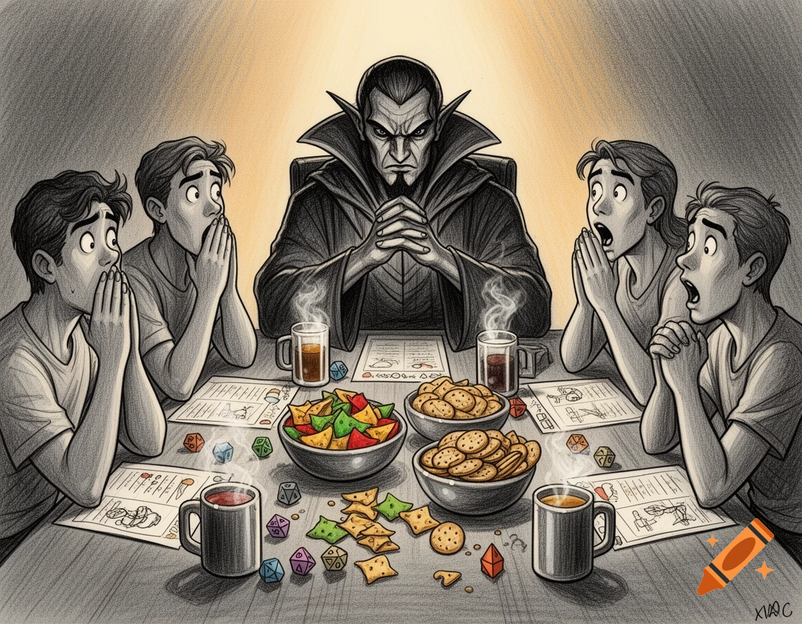 A cartoon drawing of a scary game master (vampire-like) at a table with four shocked players, character sheets, dice, and snacks.