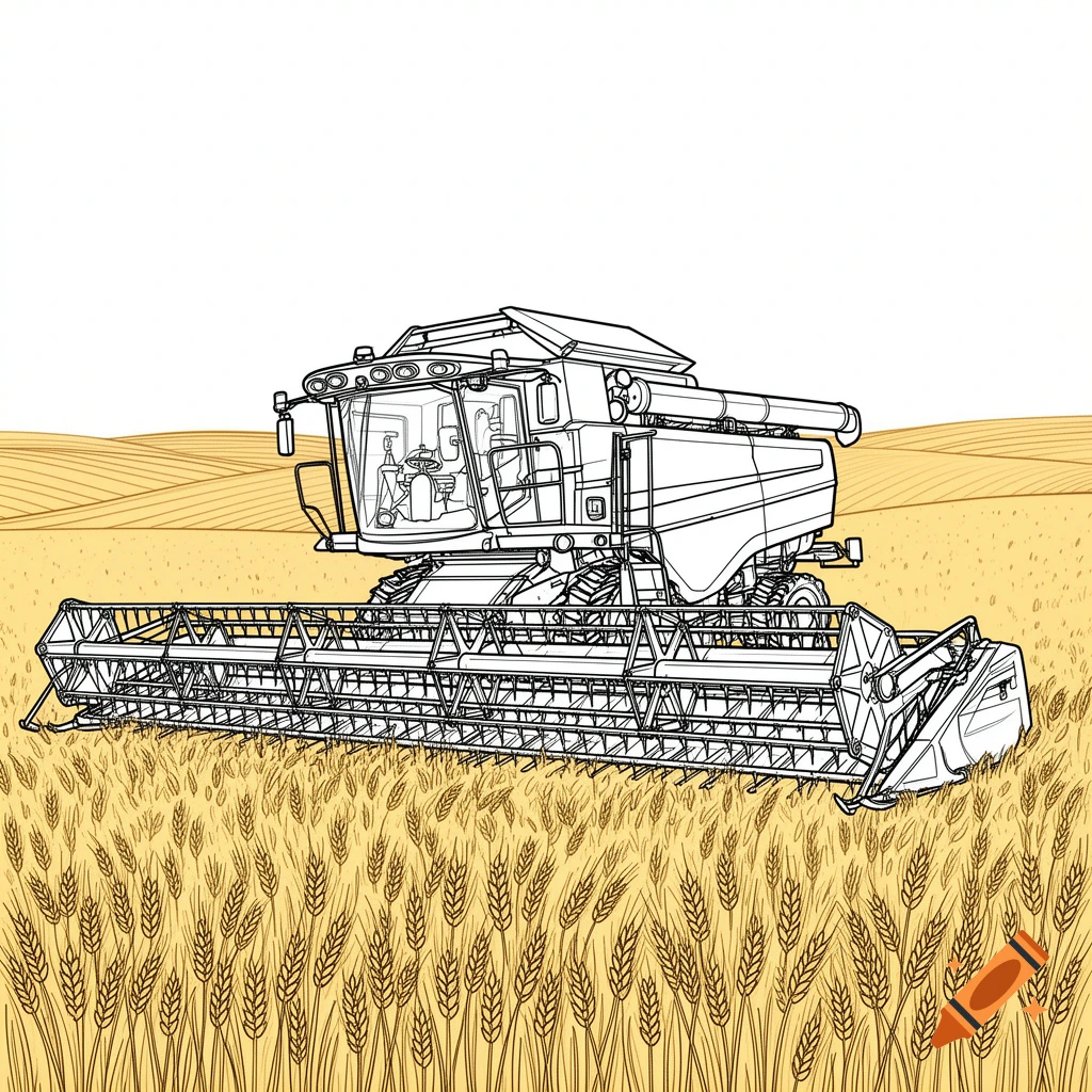Line drawing of a combine harvester in a field of wheat, ready to be colored.