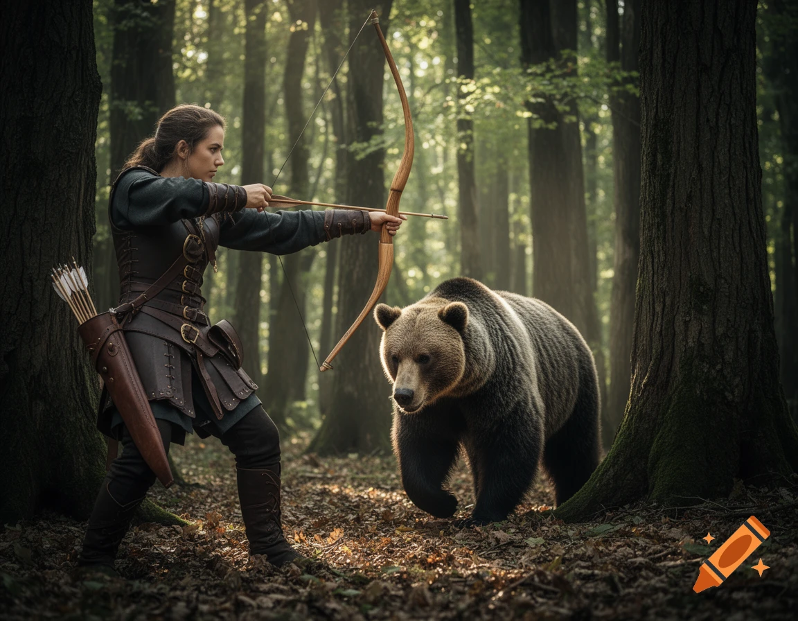 A medieval huntress, dressed in leather armor, aims her bow and arrow at a brown bear in a sunlit forest.