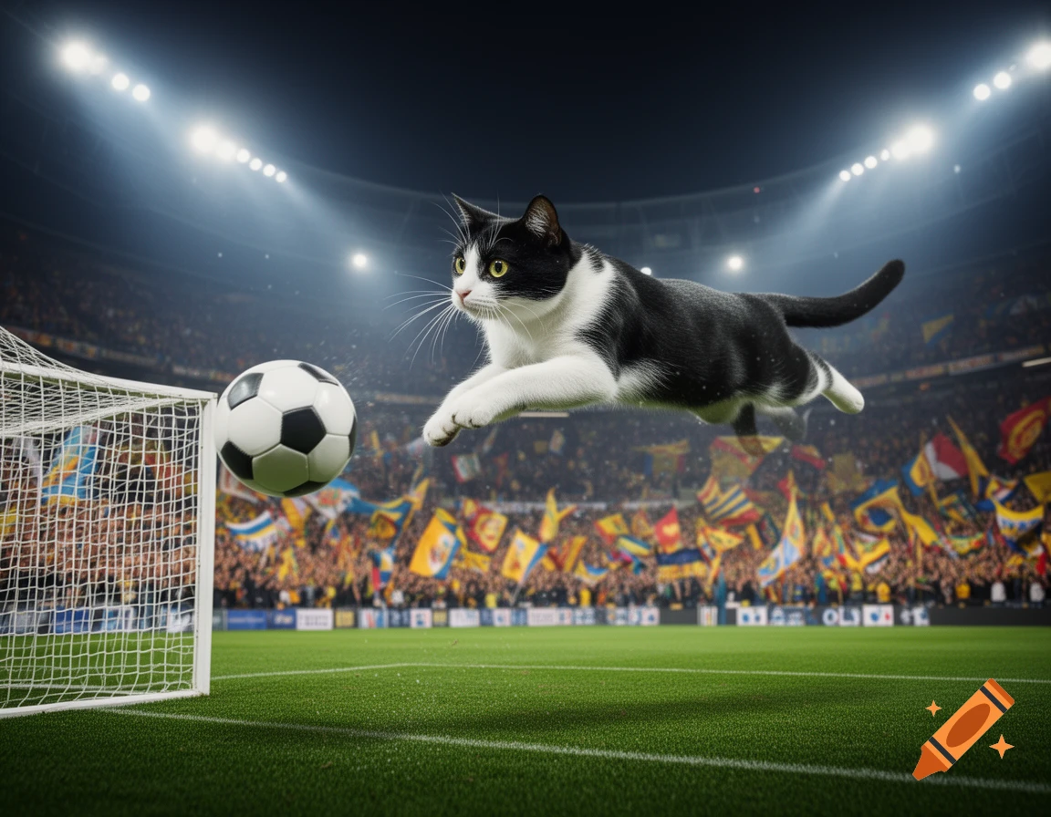 A black and white cat leaps to block a soccer ball mid-air in front of a goal in a packed stadium at night.