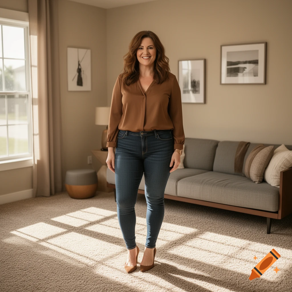 A smiling woman in a brown blouse and jeans stands in a sunlit living room with a couch and window.