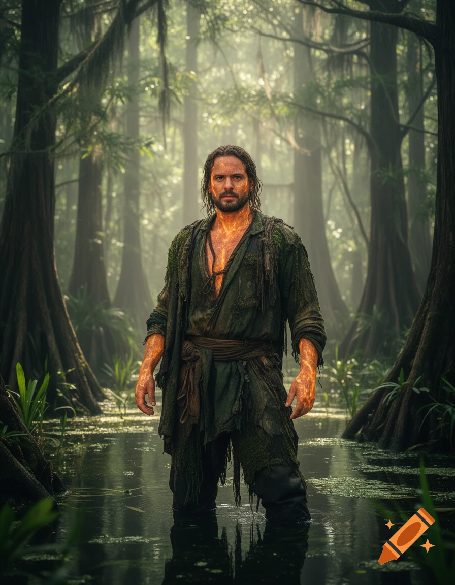 A man with glowing orange skin stands in a misty swamp, wearing tattered green clothes.