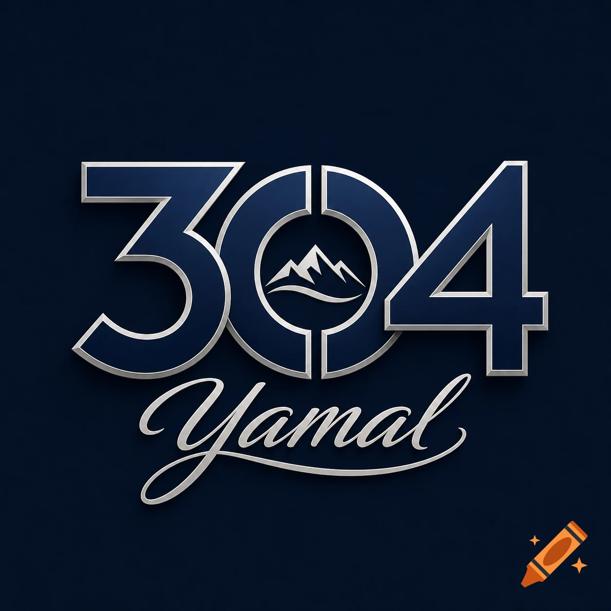 A sleek 3D logo with metallic silver and blue numbers "304" above the cursive word "Yamal," on a dark blue background.