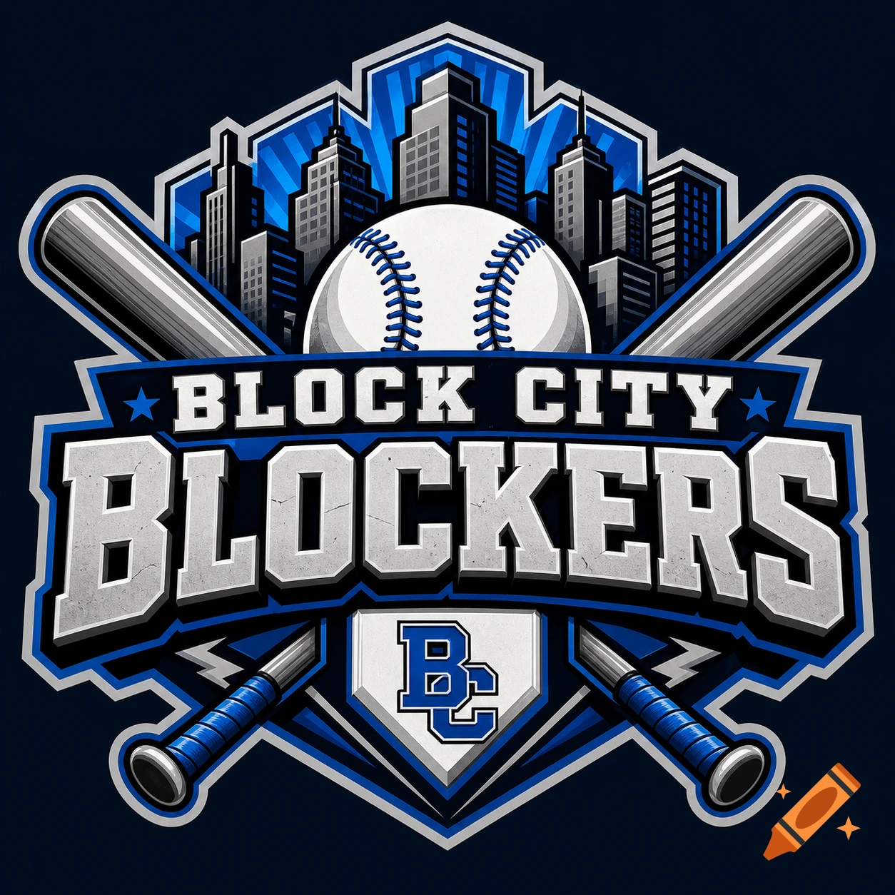 A detailed blue, white, and gray baseball logo featuring bats, a baseball, a cityscape, and the text BLOCK CITY BLOCKERS with a stylized BC.