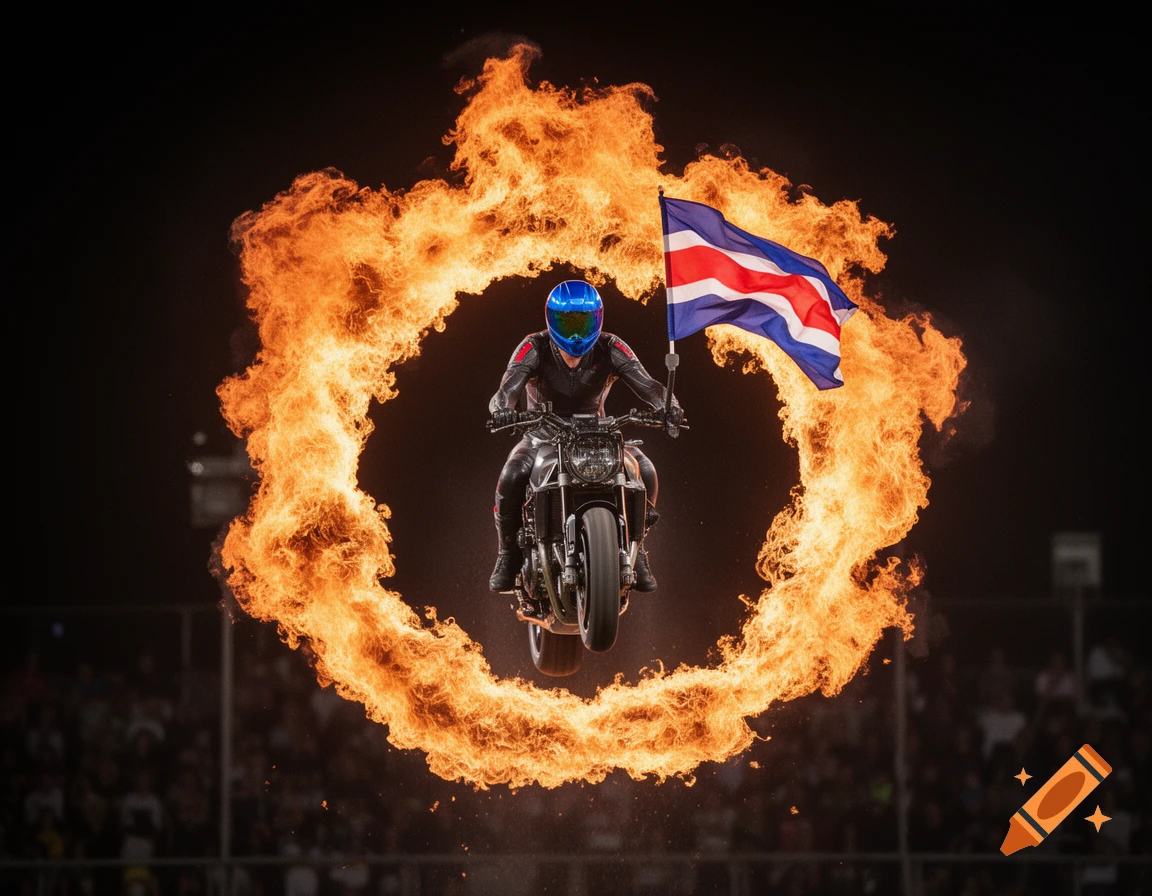 A motorcyclist in a blue helmet and black suit jumps a motorcycle through a ring of fire, holding the Costa Rican flag.