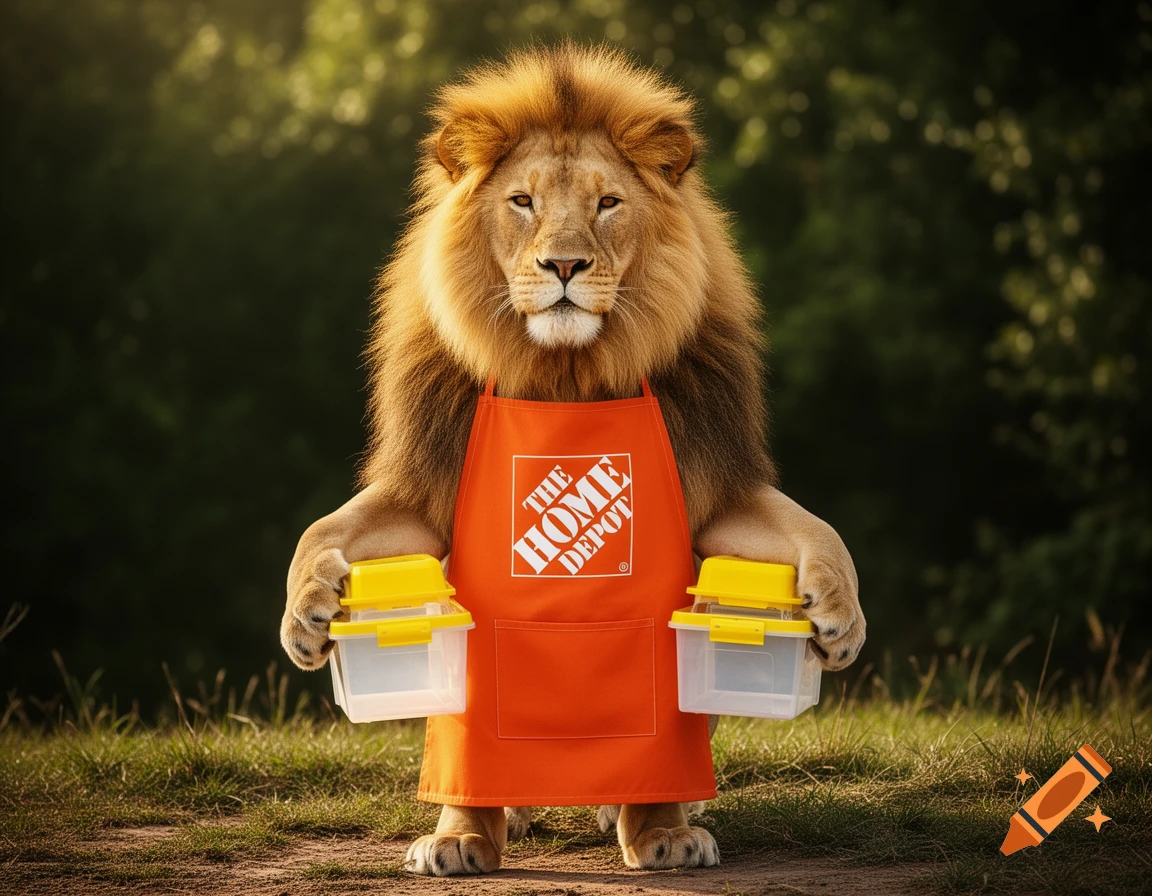 A photorealistic lion wearing an orange Home Depot apron and holding two small clear totes with yellow lids in a grassy outdoor setting.