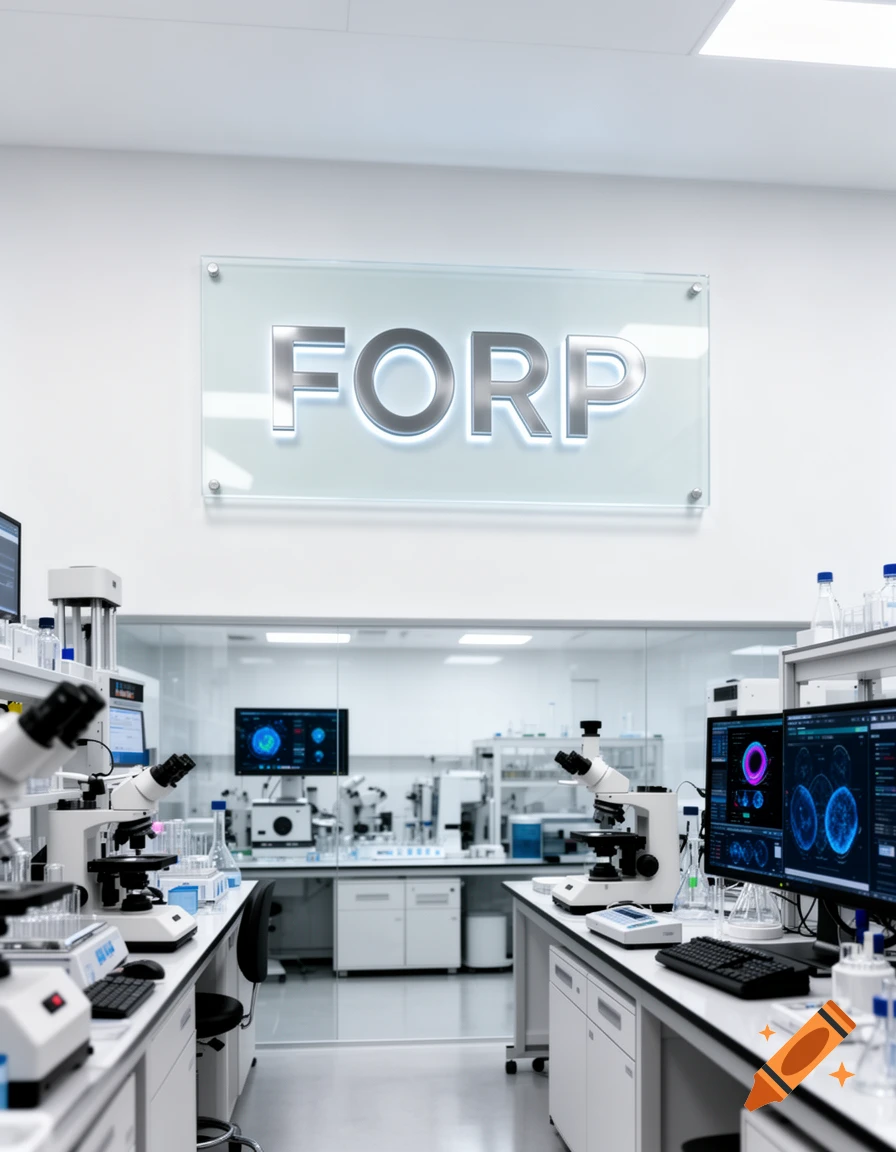 A modern, clean laboratory with microscopes and computers, featuring a 'FORP' sign on the wall.