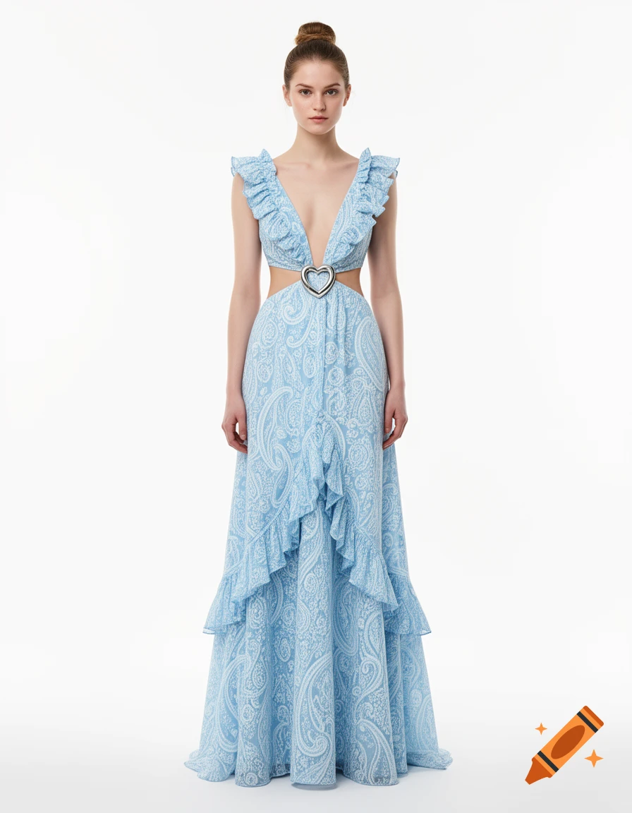 Young woman in a light blue paisley maxi dress with ruffles, V-neck, waist cutouts, and silver heart buckle, posing frontally.