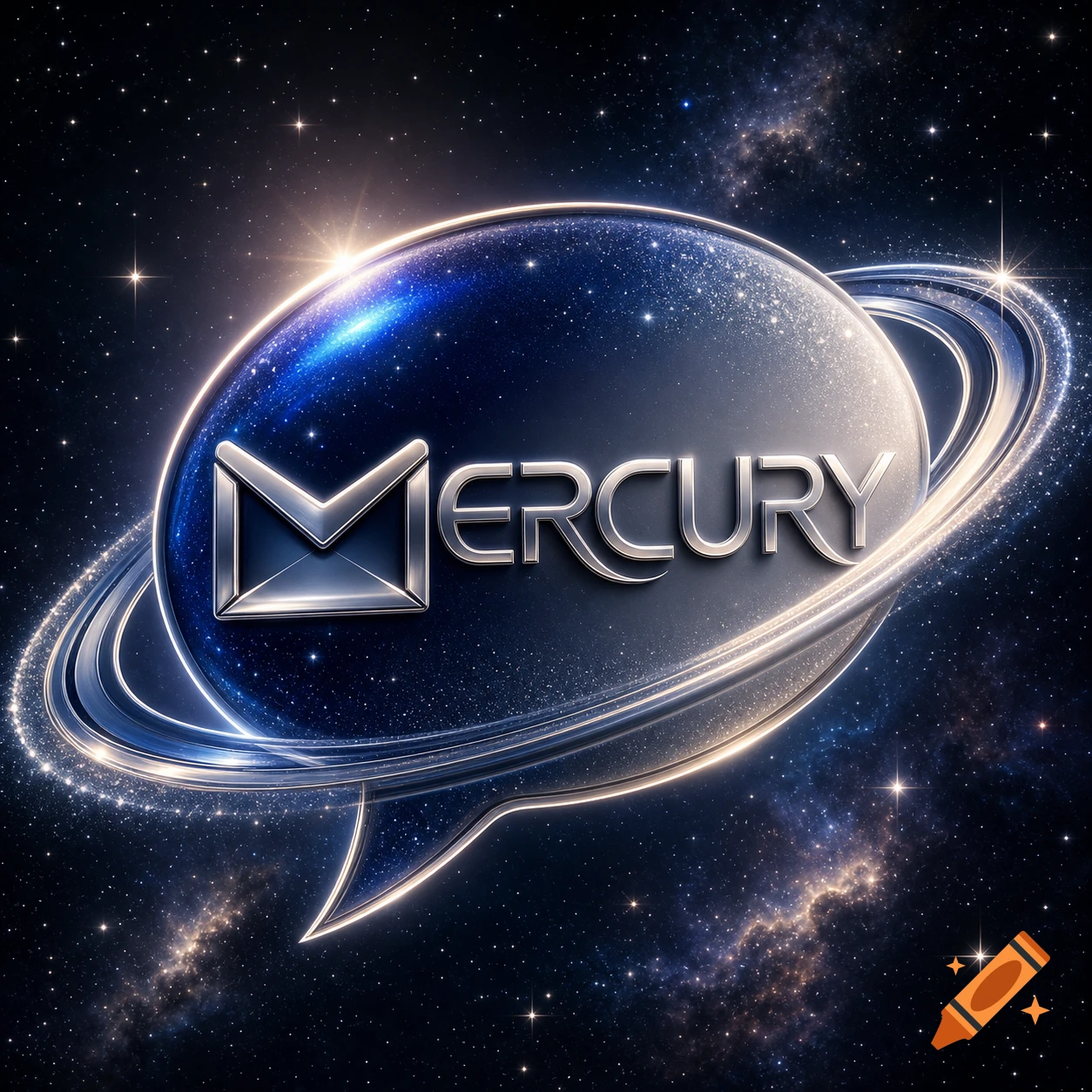 A metallic 'MERCURY' logo with an envelope M, inside a Saturn-like speech bubble against a starry space background.