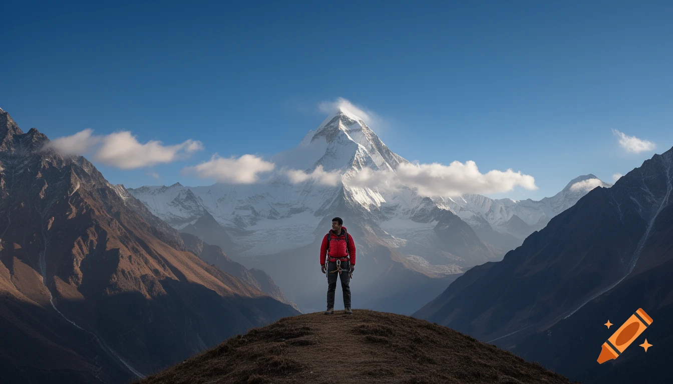 A man in a red jacket stands on a small hill, gazing at a majestic snow-capped mountain under a clear blue sky, flanked by other peaks.