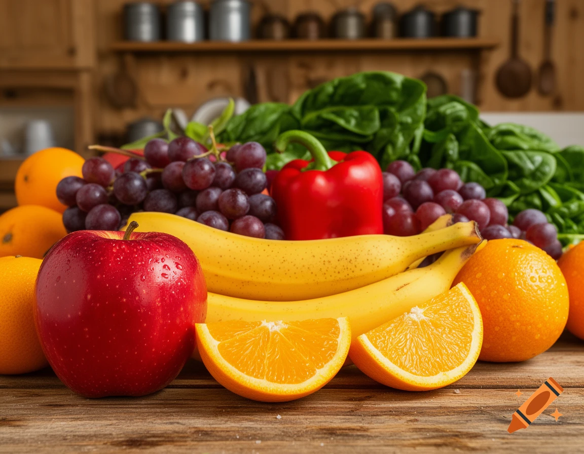 A close-up of an assortment of fresh fruits and vegetables on a wooden table in a kitchen.