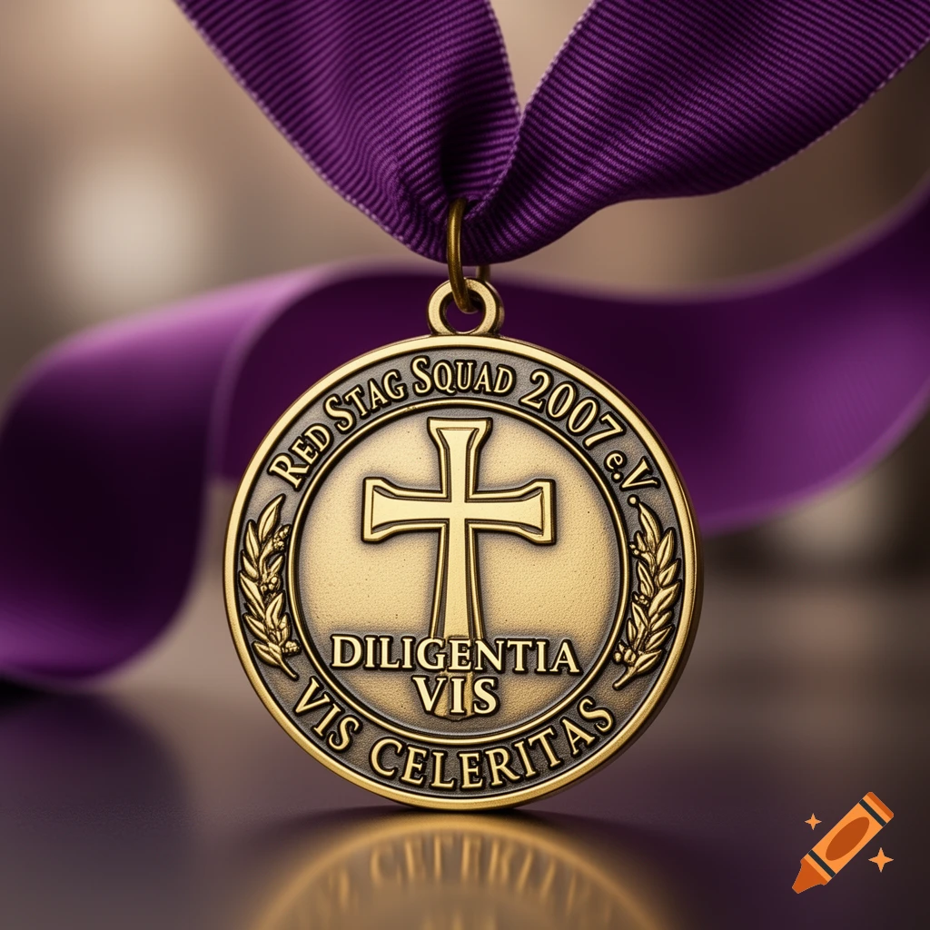A photorealistic close-up of a golden medal with a cross, Latin text, and "RED STAG SQUAD 2007 e.V.", hanging from a purple ribbon.