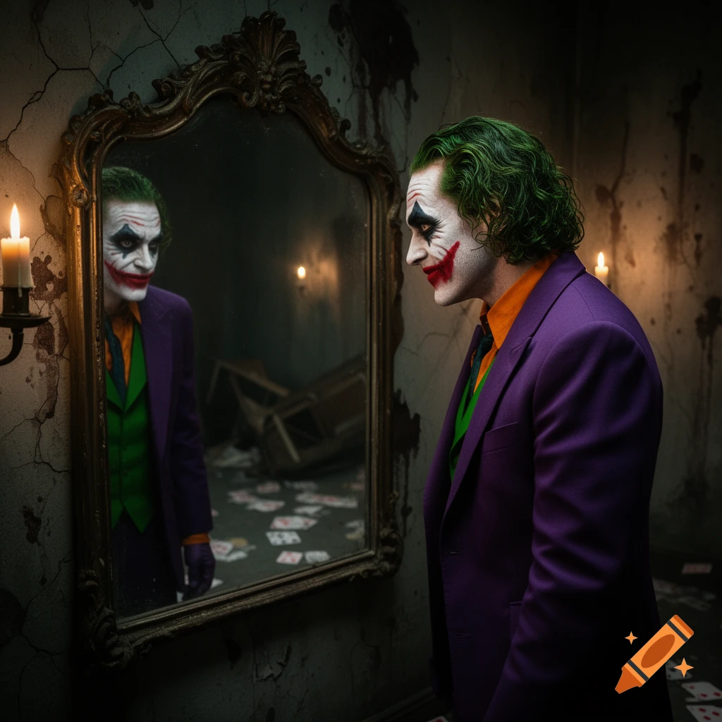 The Joker in a purple suit and green hair looks at his reflection in an ornate mirror in a dark, cracked room with scattered playing cards.