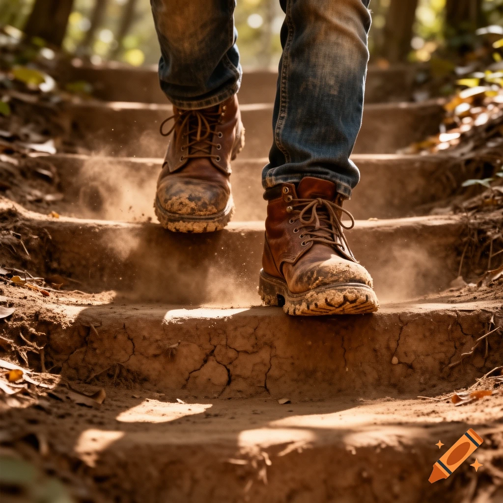 Close-up of a person's muddy boots and jeans descending sun-dappled dirt stairs, stirring up dust on a hiking trail.
