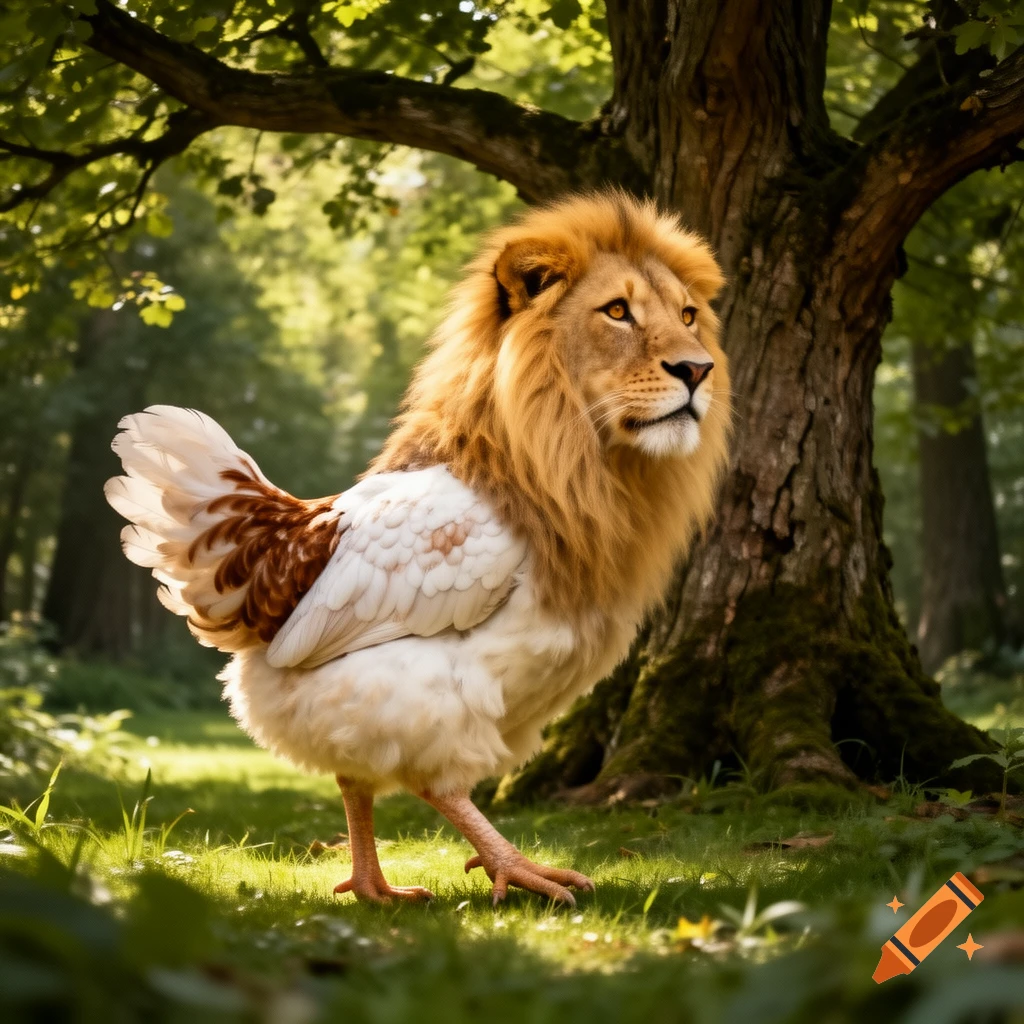 Photorealistic hybrid creature with a lion's head and a chicken's body stands in a sunlit forest.