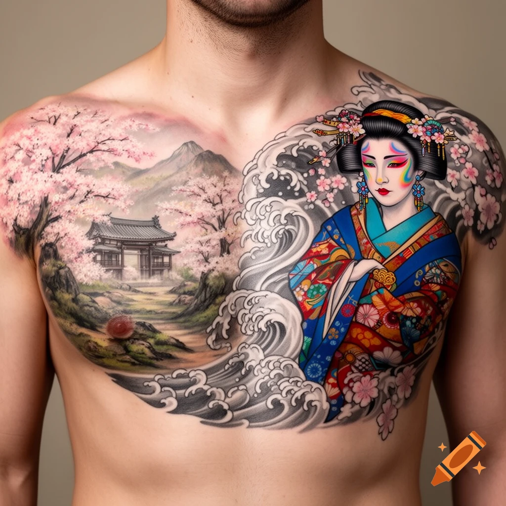 Close-up of a man's chest tattoo featuring a colorful Geisha on the right, and a Japanese landscape with a shrine and cherry blossoms on the left, joined by waves.