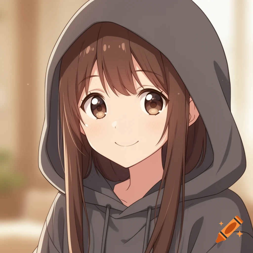 Anime girl with long brown hair, smiling warmly in an oversized dark grey hoodie with the hood up. Portrait.