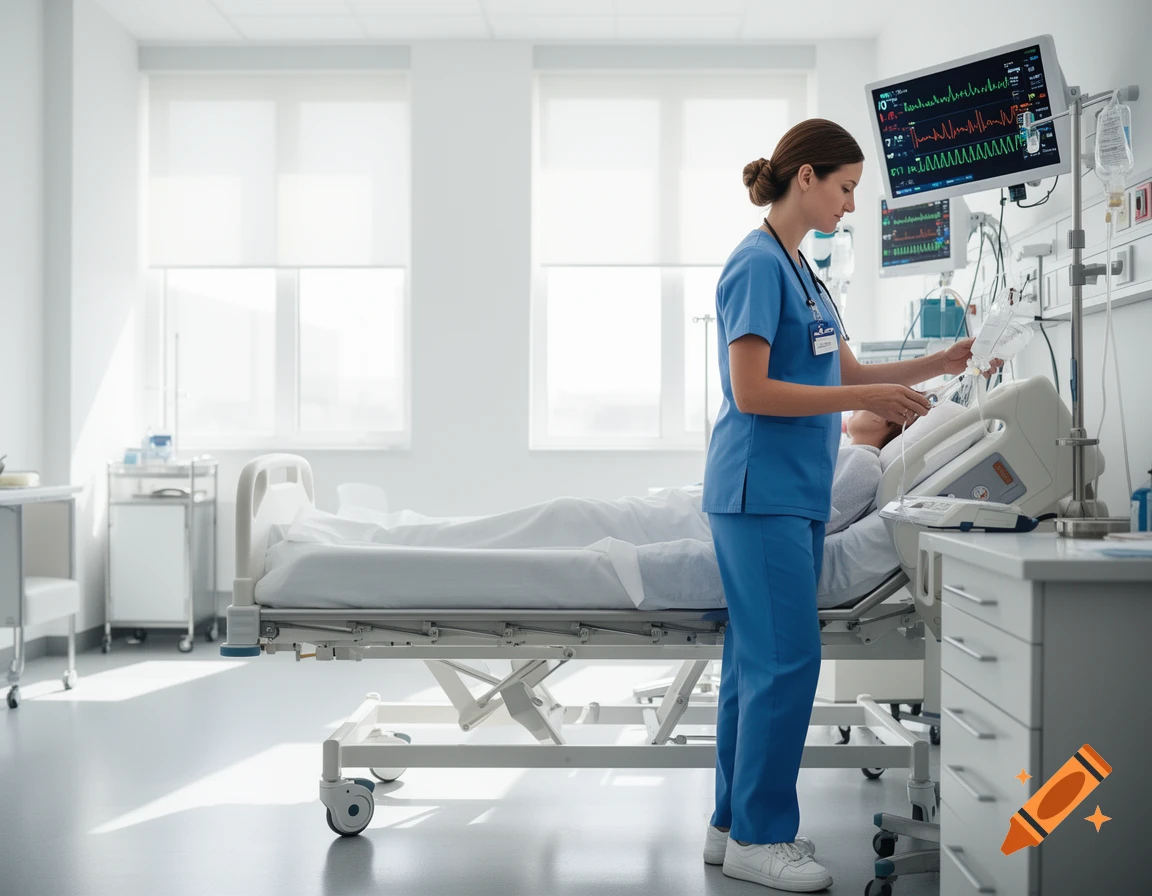 A nurse in blue scrubs attends to a patient lying in a hospital bed, with medical equipment and monitors in the background. Photorealistic style.