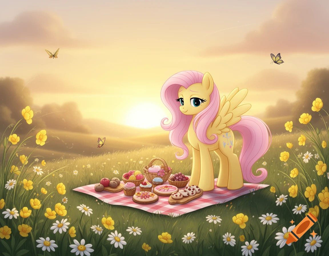 Fluttershy, a yellow My Little Pony with pink hair and wings, enjoys a picnic with sweets and fruit in a sunny field of flowers at sunset.