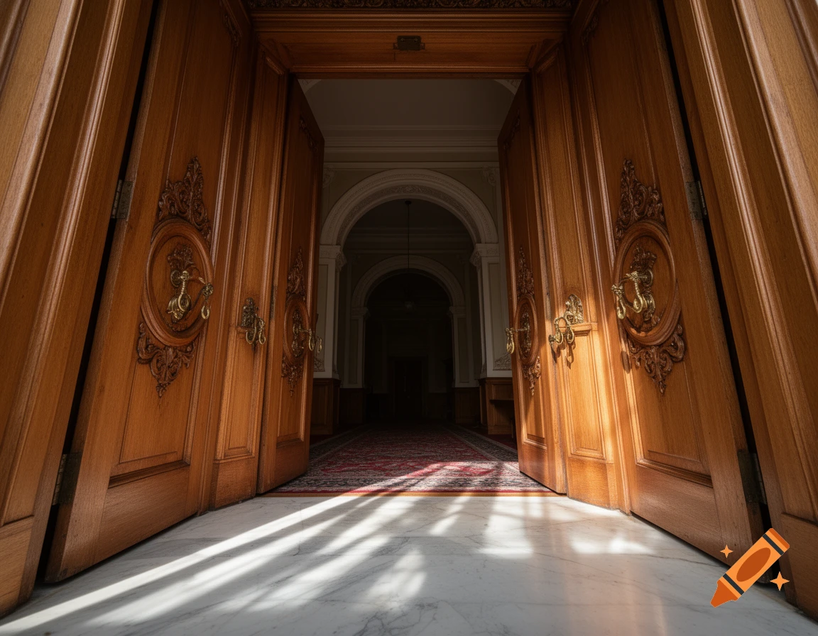 A grand perspective shot through ornate open wooden doors revealing a long hallway with a red carpet and sunlight streaming onto a marble floor.