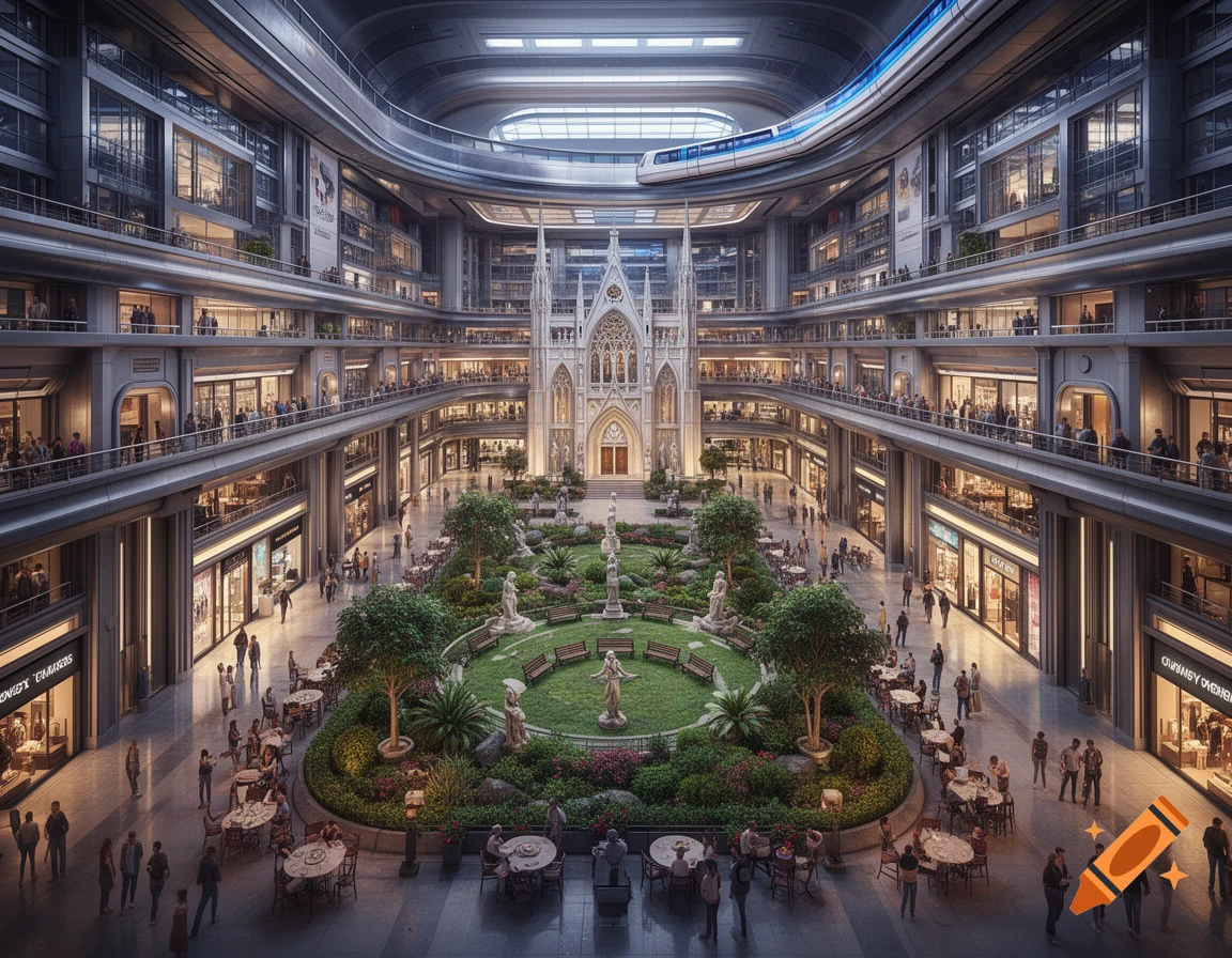 A grand, multi-story futuristic space station central hub with a central garden, a large cathedral, bustling shoppers, and a monorail passing overhead.