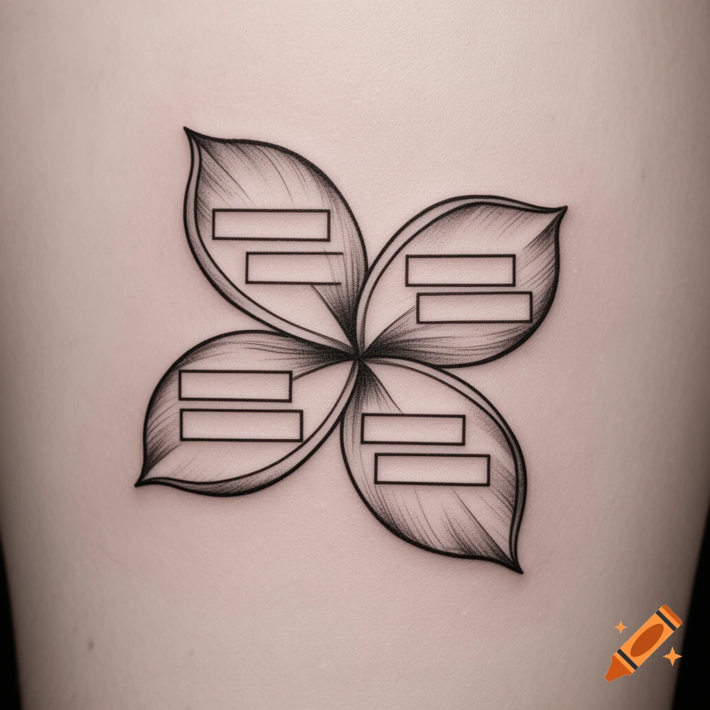 A black line art tattoo of a four-leaf frangipani flower, each petal containing two empty rectangular textboxes.