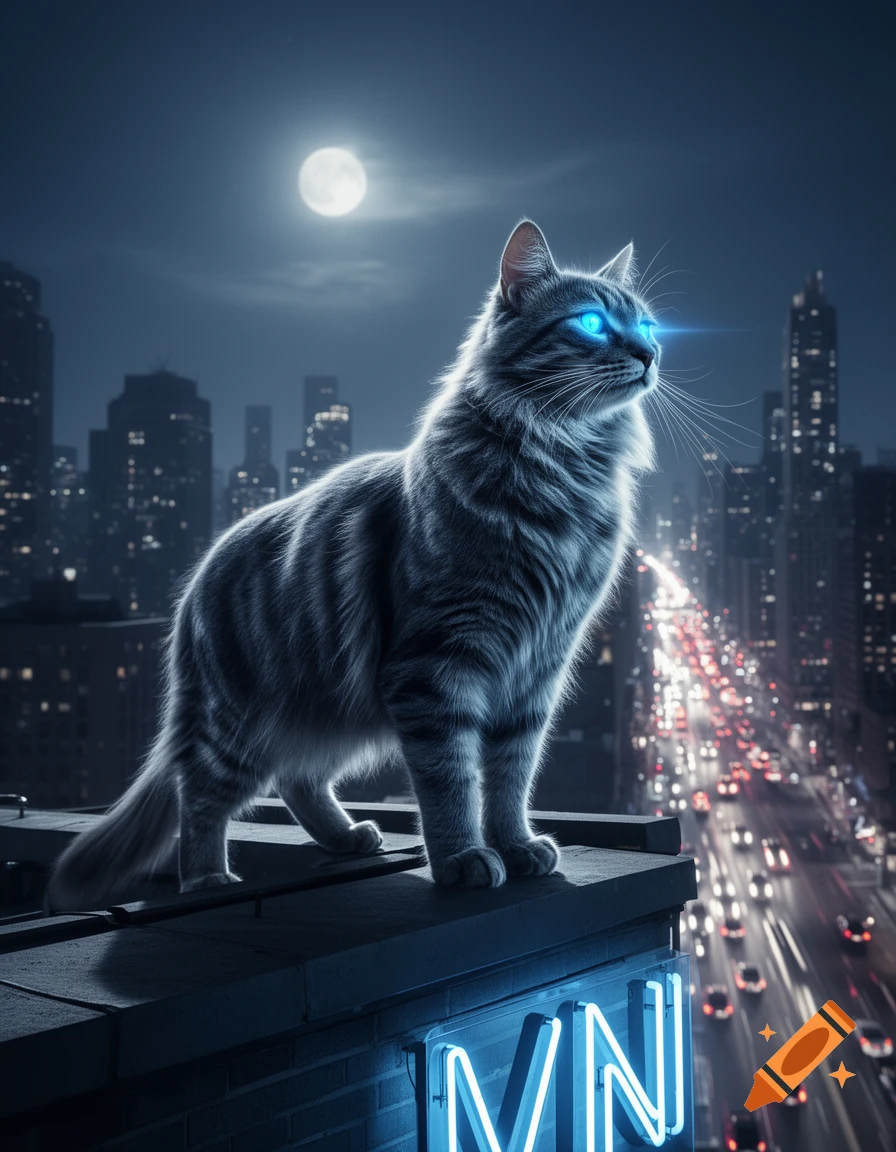 A photorealistic grey tabby cat with glowing blue eyes stands on a city rooftop at night, with a full moon and blurred city lights.