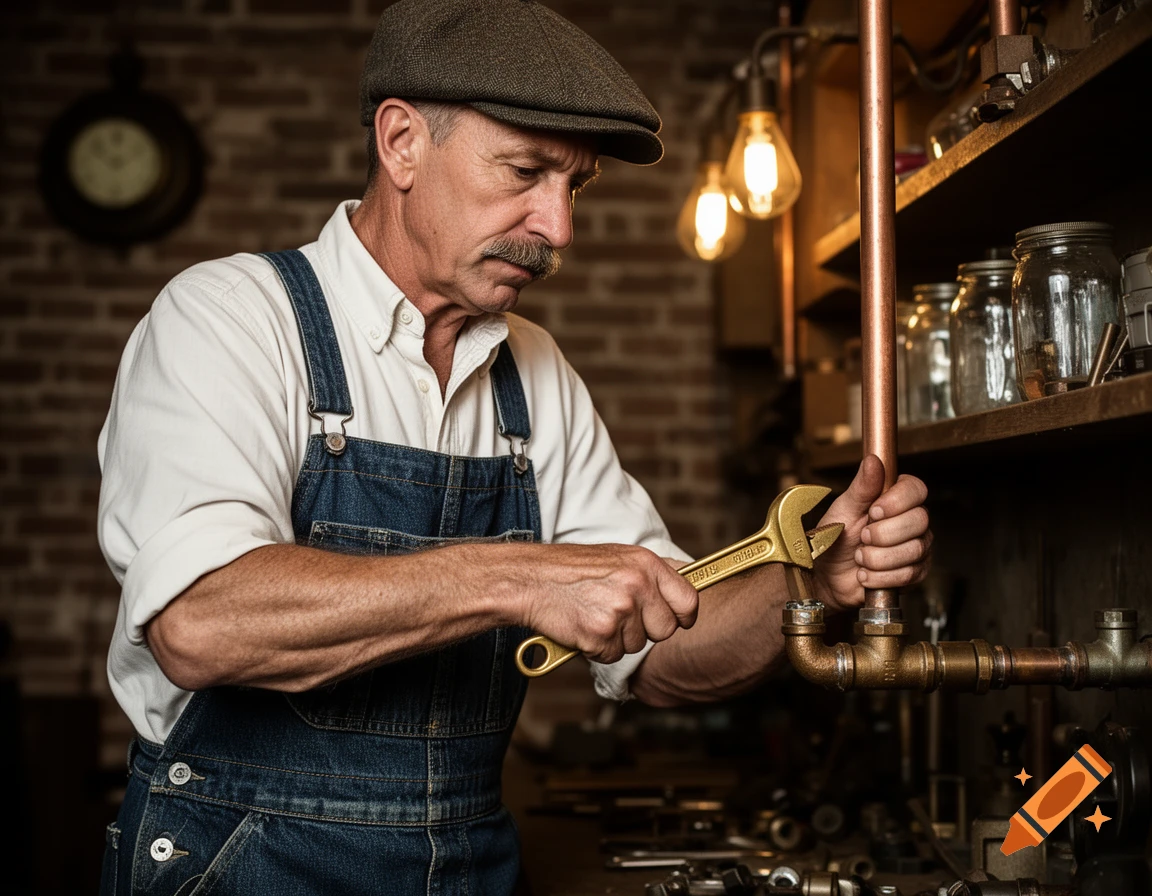 A photorealistic image of an older man in a cap and overalls, working on copper pipes with a wrench in a vintage-style workshop.