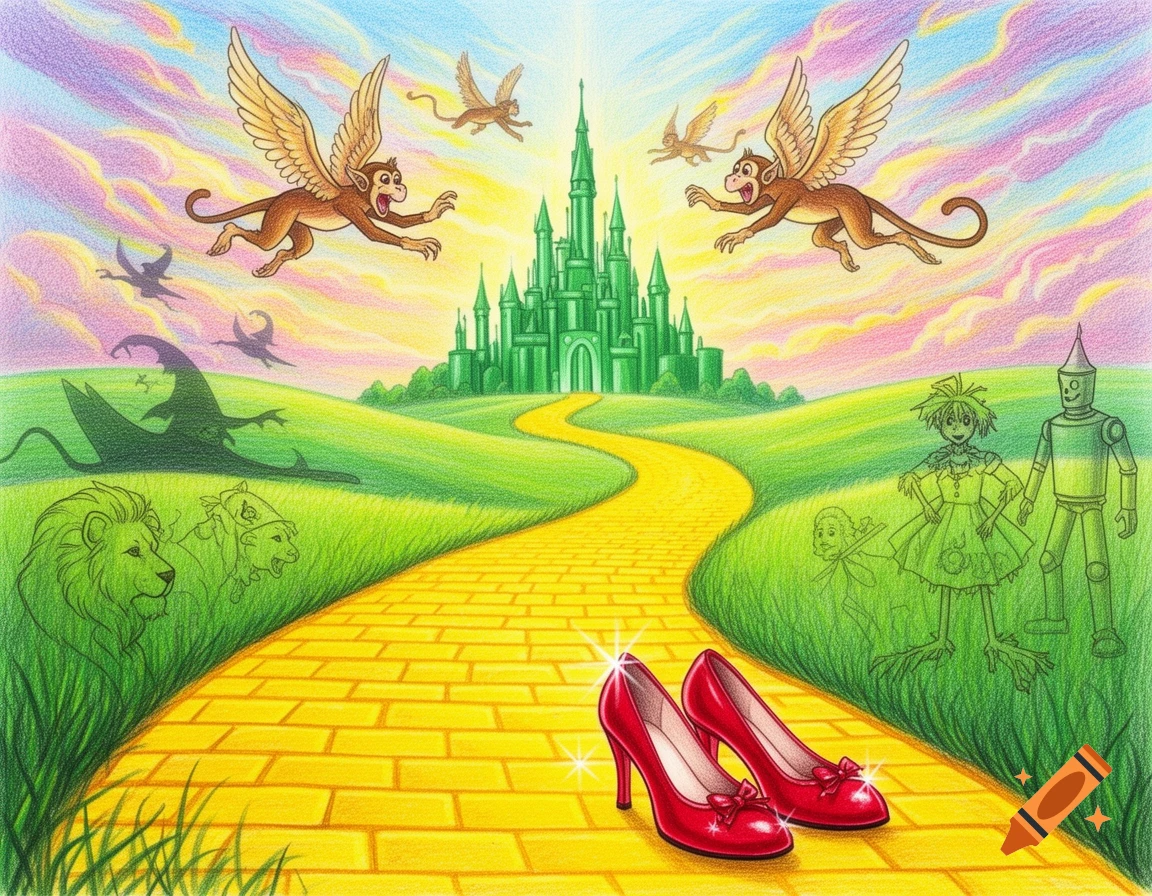 Colorful crayon drawing of Wizard of Oz. Red ruby slippers on a yellow brick road to Emerald City, flying monkeys, and character outlines.