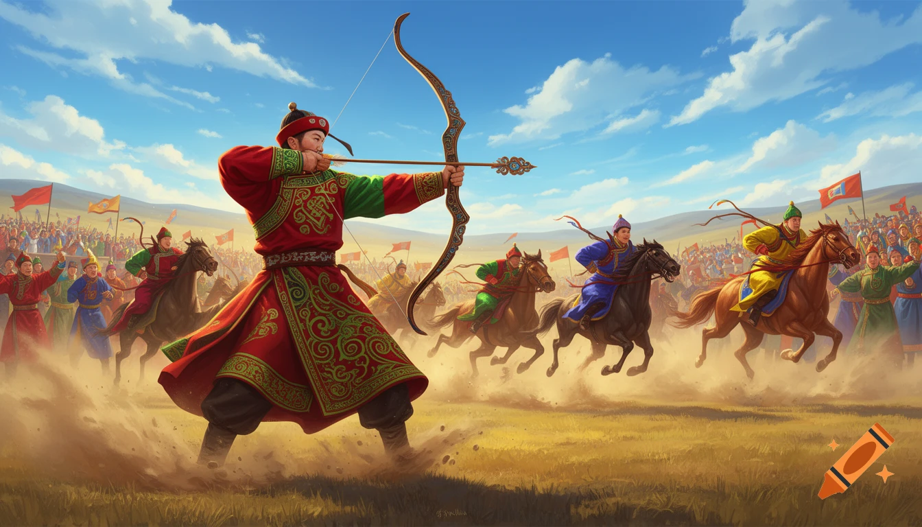 A Mongolian archer in traditional red and green attire aims a bow while horsemen gallop in the background at the Naadam Festival.