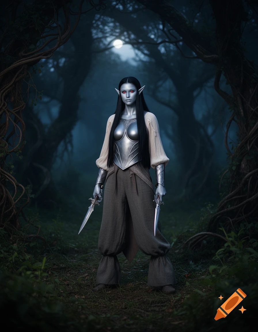 Photorealistic silver-skinned elf with black hair and red eyes, in light armor, holds two daggers in a dark, mystical forest under moonlight.