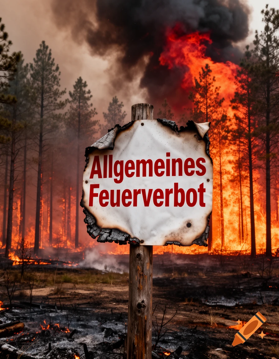 A burnt sign reading 'Allgemeines Feuerverbot' (General Fire Ban) stands in a scorched forest with a raging wildfire and smoke in the background. Photorealistic style.