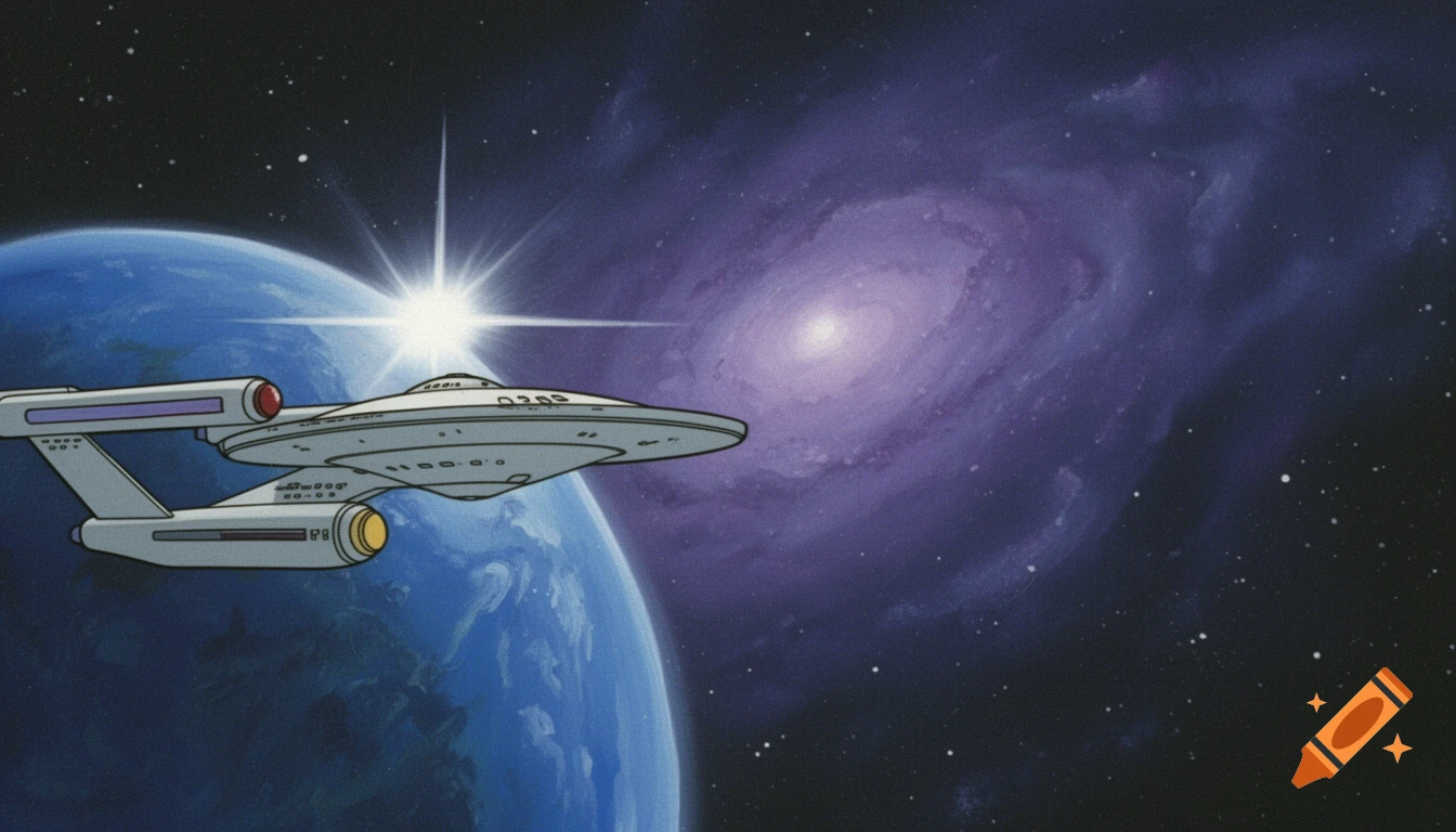 Cartoon USS Enterprise-D spaceship flies past a blue planet with a bright star and a purple nebula in deep space.