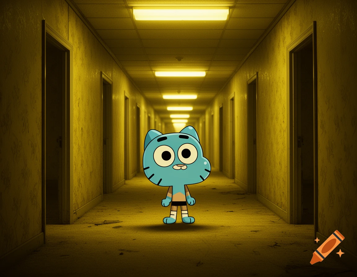 Gumball Waterson, a blue cartoon cat, stands in the middle of a long, desolate, yellow-walled corridor with fluorescent lights.