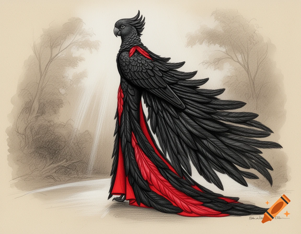 Stylized illustration of a black cockatoo with long black and red feathers, resembling wearable art, against a sketched forest background.