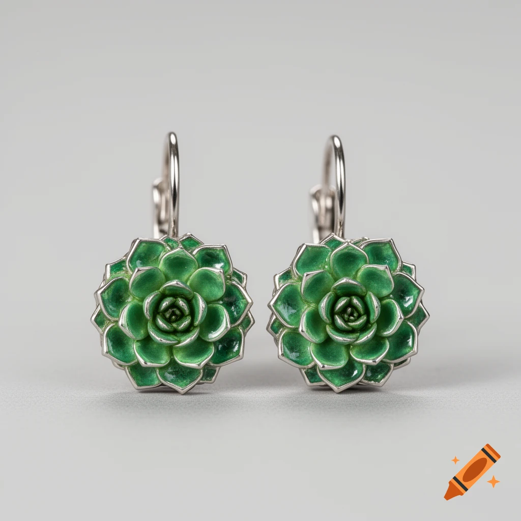 A pair of silver earrings with green succulent-shaped designs on a light gray background.