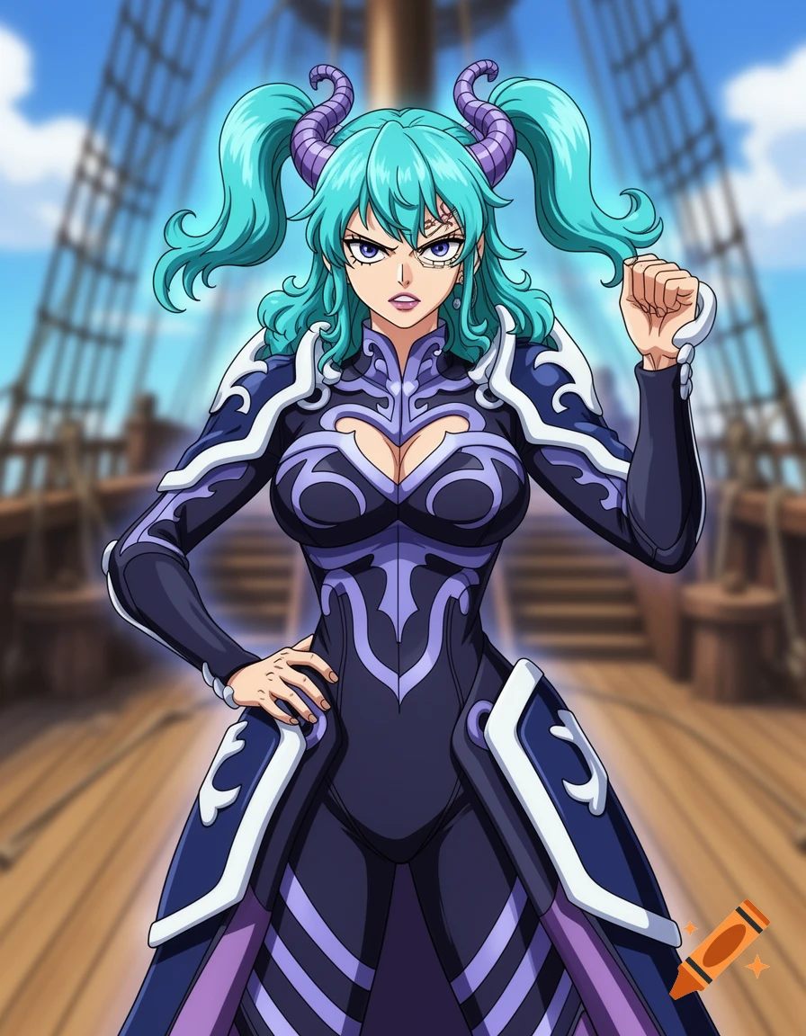 An anime woman with light blue hair in pigtails and purple horns stands on a ship deck, wearing a purple and black ornate suit.