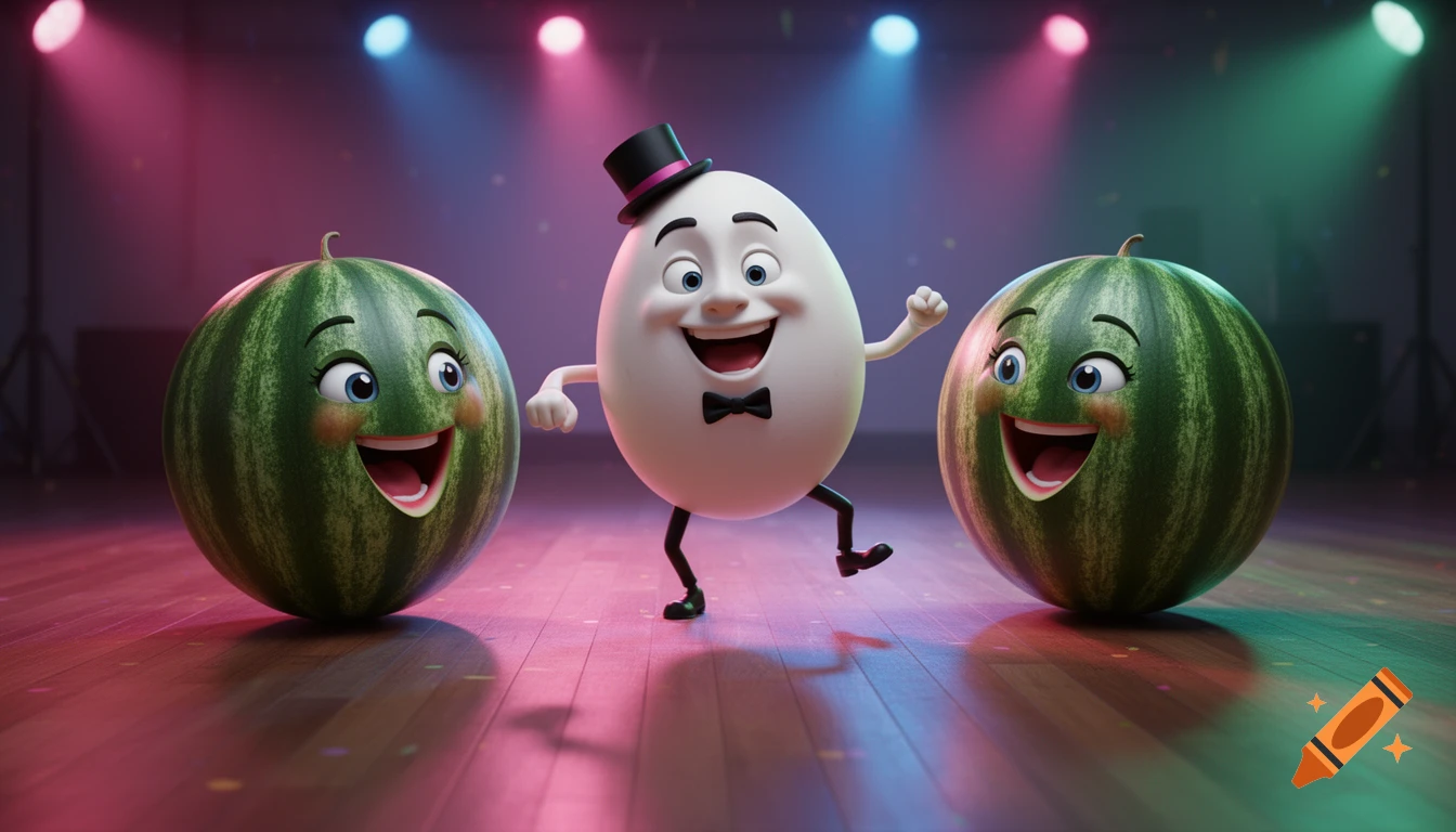 A smiling cartoon egg in a top hat and bow tie dances between two smiling cartoon watermelons on a brightly lit stage.