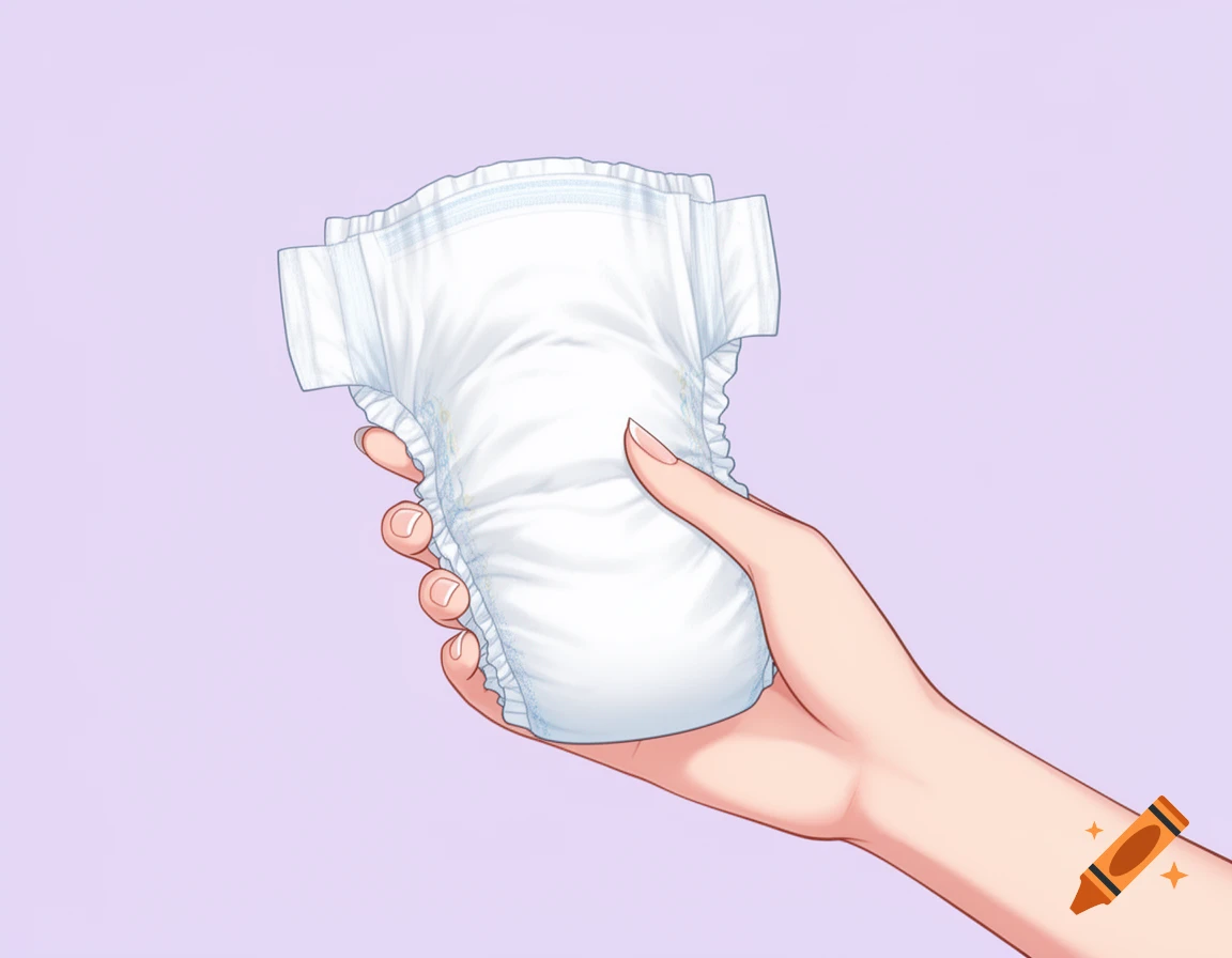 Anime-style illustration of a hand holding a clean white diaper against a plain light purple background.