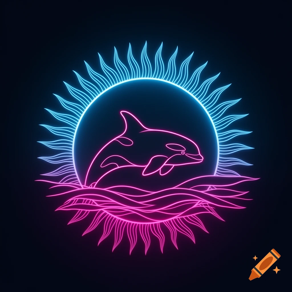 Stylized neon pink orca jumping over waves inside a radiant blue sun outline against a dark background.