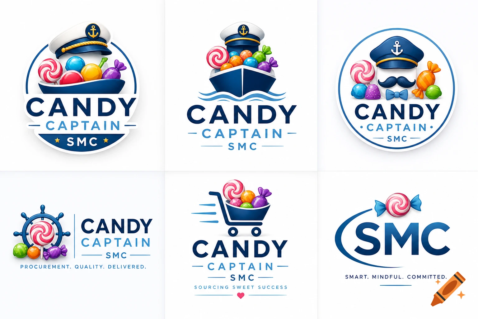 Six illustrative logos for 'Candy Captain SMC' featuring nautical themes, candies, and lollipops.