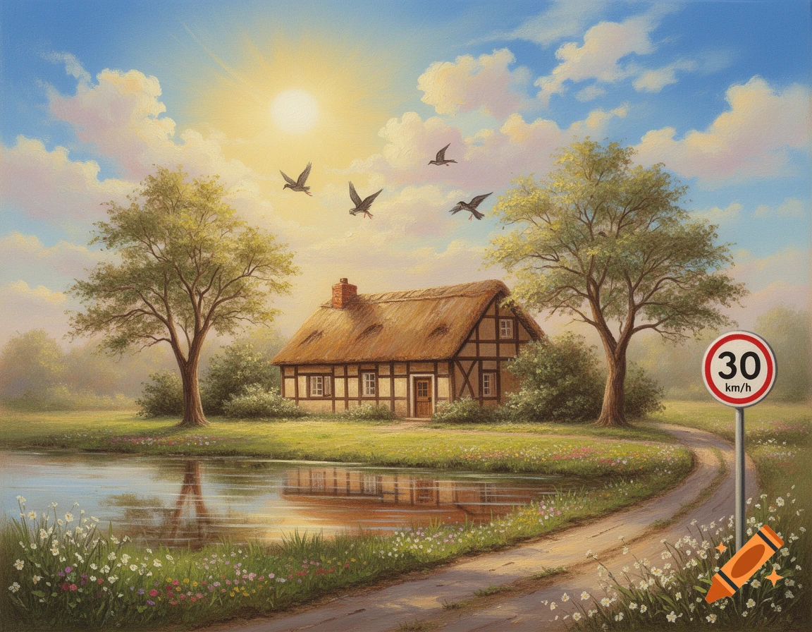 A sunny landscape painting of a thatched cottage by a pond, with a dirt road and a 30 km/h sign.