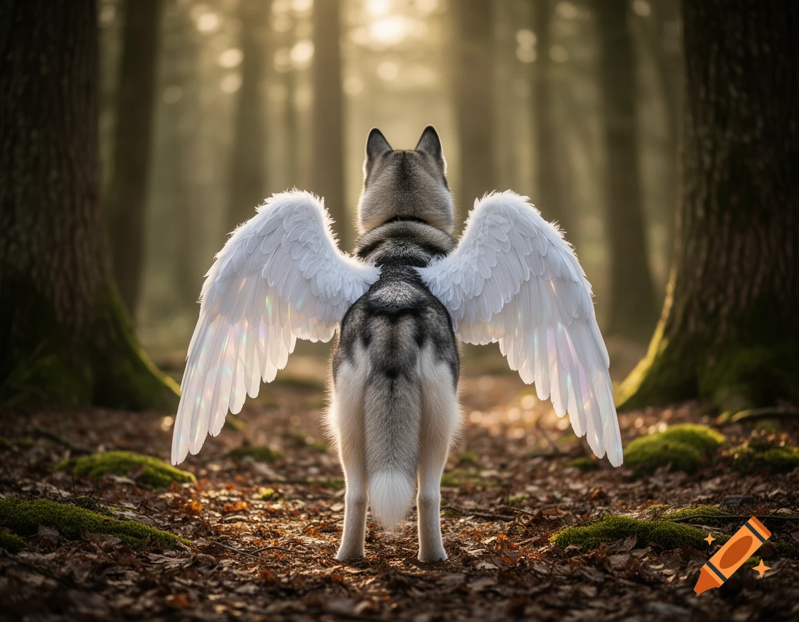 A husky dog with large white angel wings stands facing away into a sunlit forest.