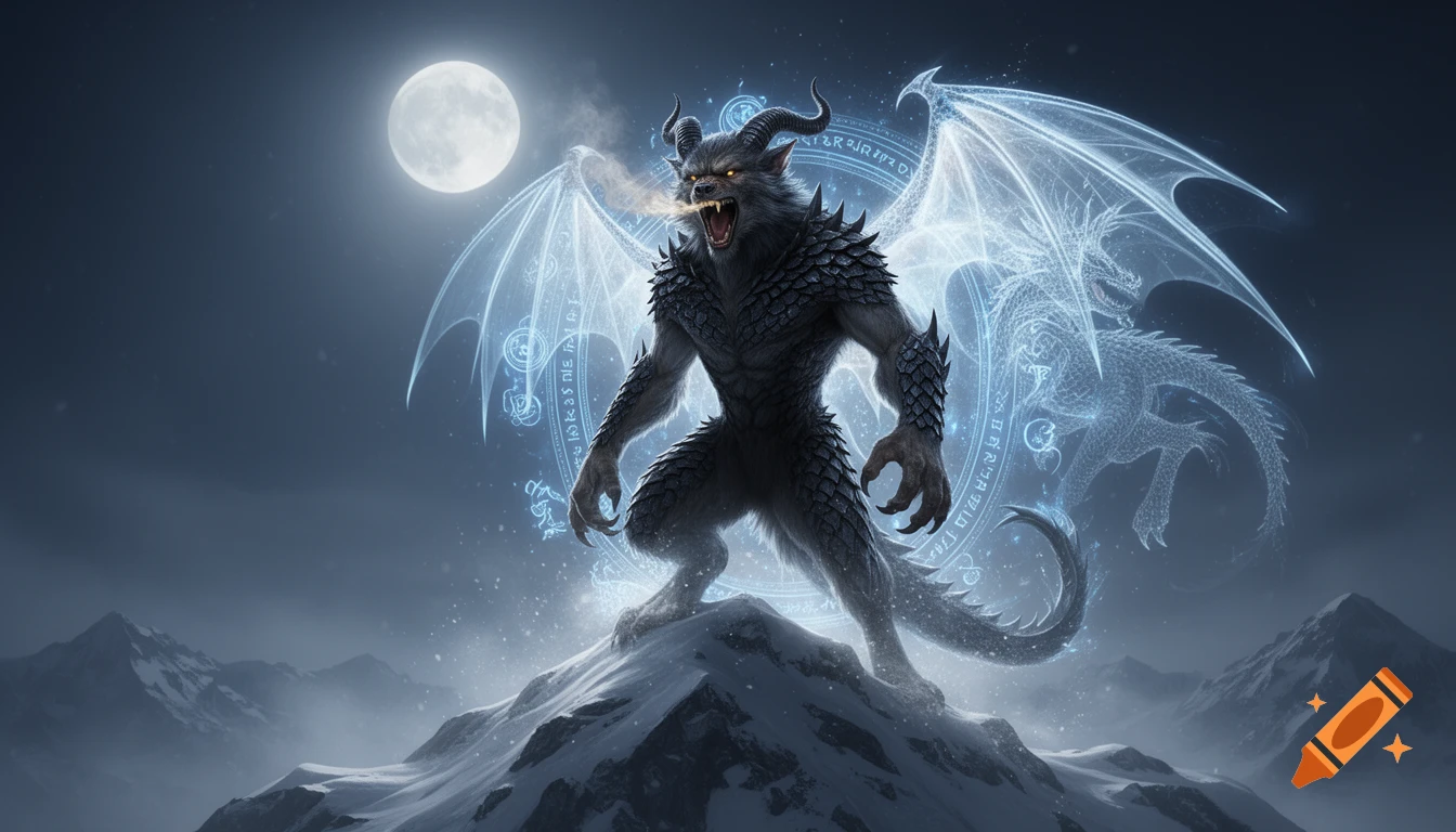 Massive scaled werewolf with glowing eyes and spectral dragon wings atop a snowy mountain under a full moon, surrounded by magic runes, dark cinematic fantasy.
