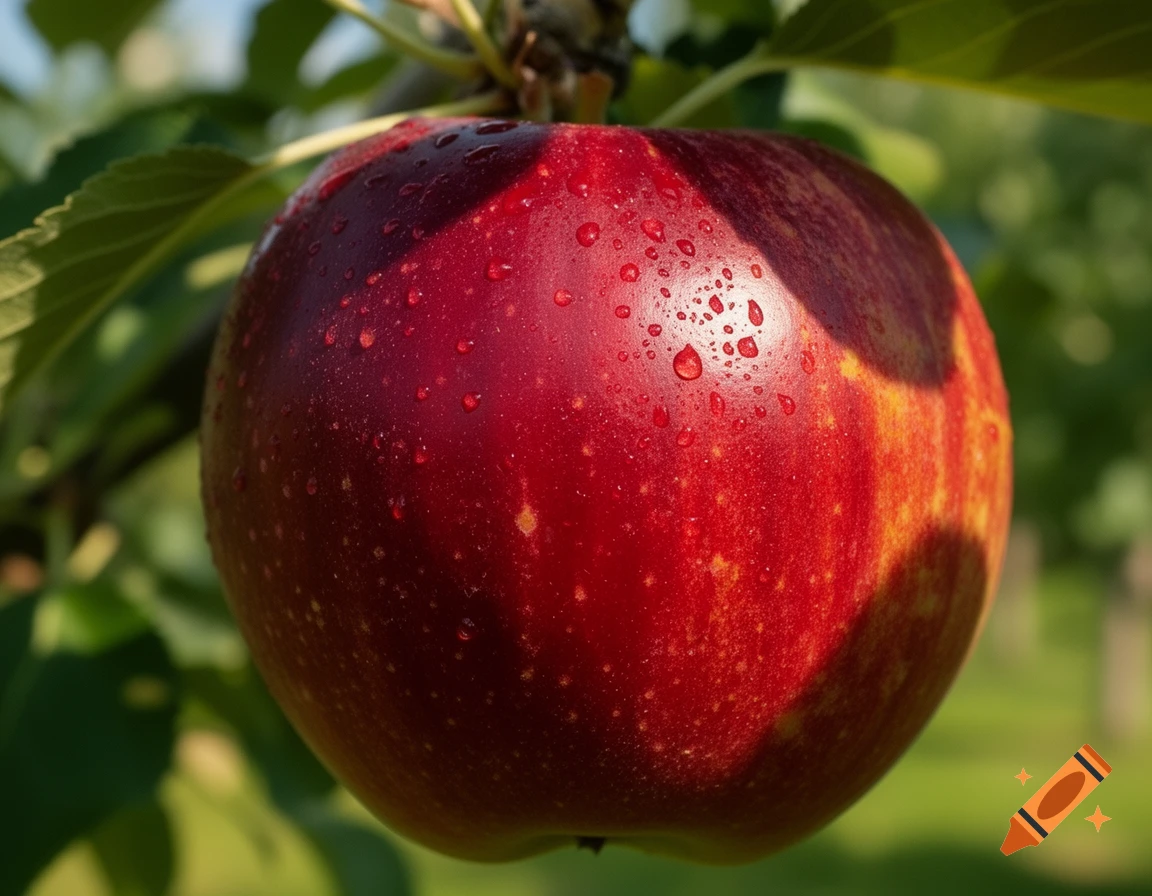 A close-up, photorealistic shot of a vibrant red apple covered in glistening water droplets, hanging on a tree branch.