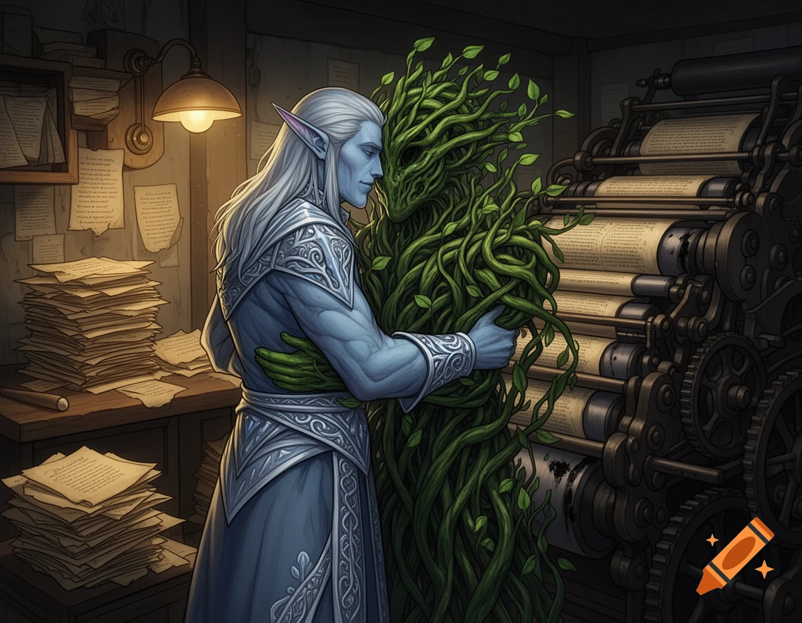 A blue-skinned elf with long white hair embraces a green vine blight in a dimly lit room filled with stacks of papers and a large printing press.