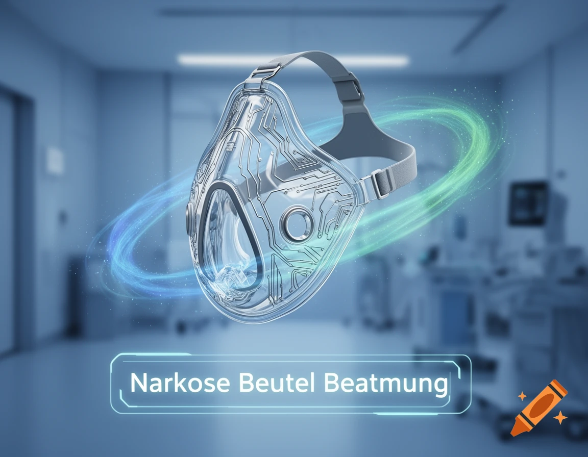 A futuristic, transparent medical mask with glowing circuits hovers in a blurred hospital room. Text reads 'Narkose Beutel Beatmung'.